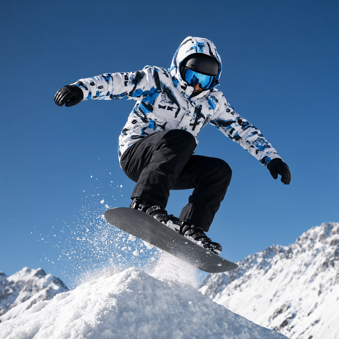 Veste de ski homme imperméable bleue portée en montagne sur les pistes
