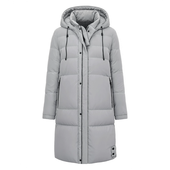 Parka longue homme gris clair à effet matelassé, vue produit sur fond blanc