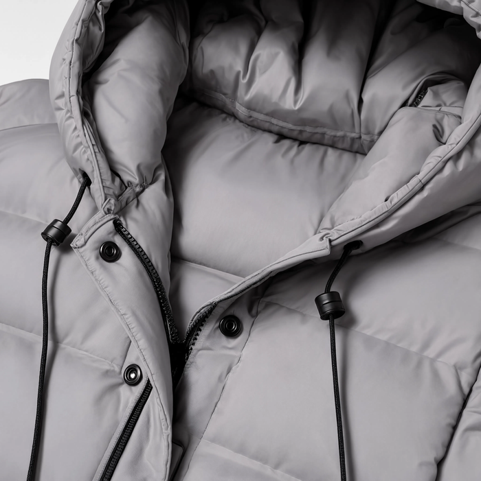 Gros plan sur le col et la capuche fixe de la parka gris clair