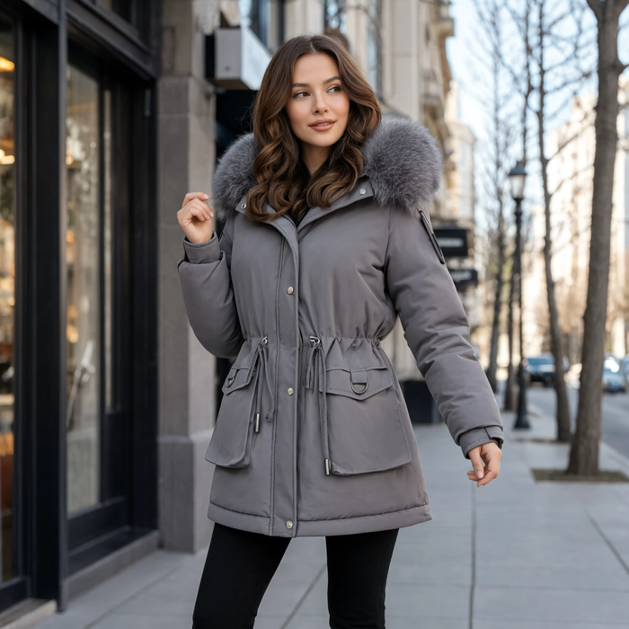 Parka femme matelassée L'Écrin grise portée en ville, taille resserrée par le cordon