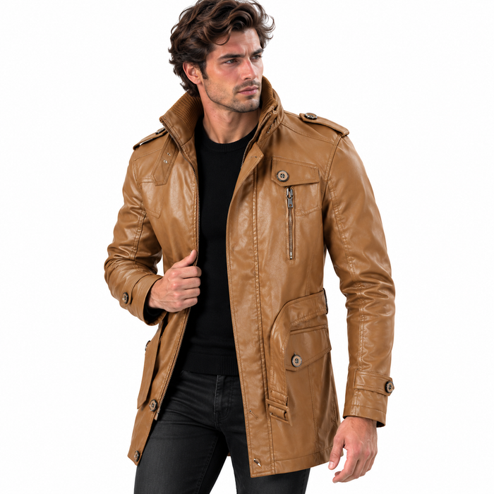 Veste longue homme effet cuir à épaulettes, col montant | Le Cavalier