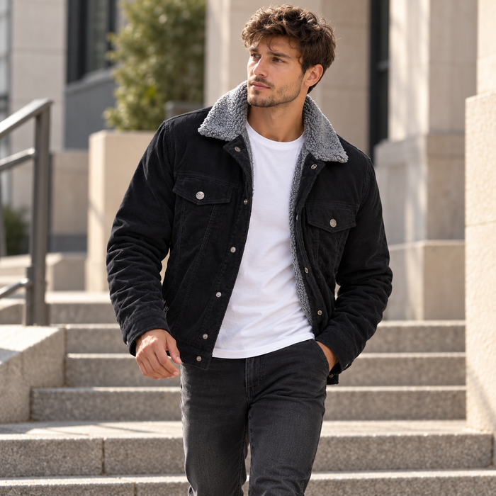 Veste homme velours côtelé doublée sherpa, col peluche | Le Velours Sherpa