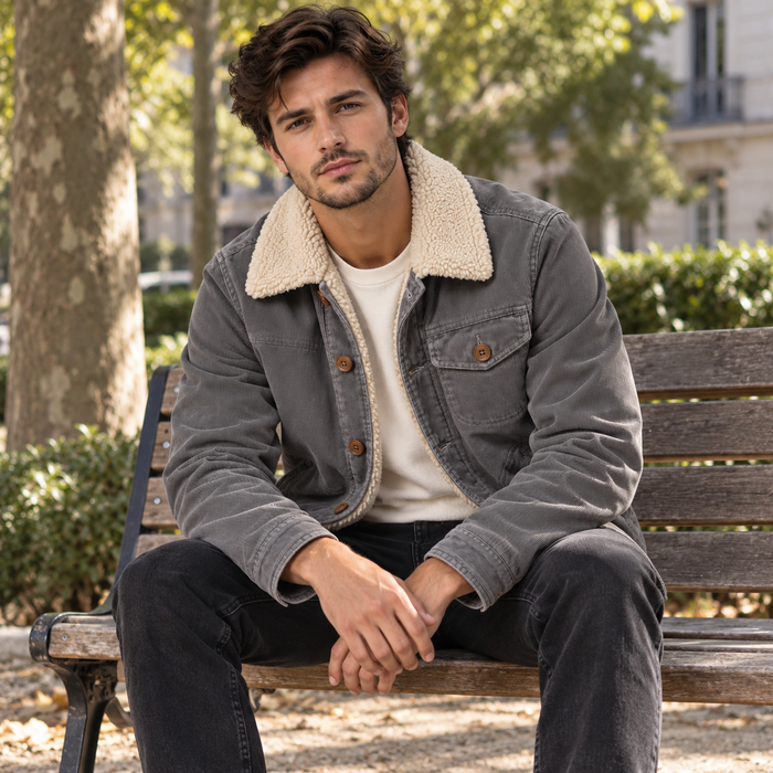 Veste homme velours côtelé doublée peluche, col fausse fourrure | Le Velours Fourré