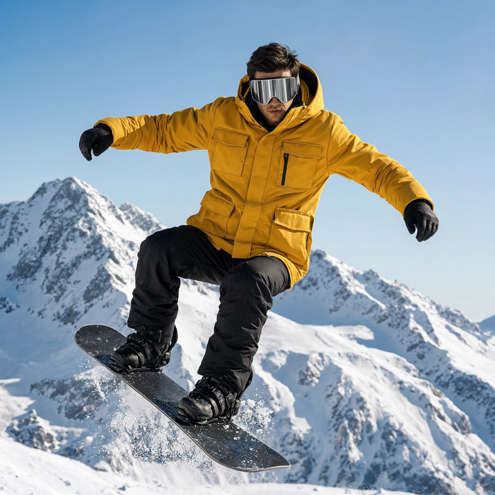 Veste de ski homme jaune portée sur les pistes enneigées