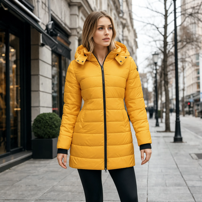Parka femme longue imperméable La Vermeille jaune portée en extérieur
