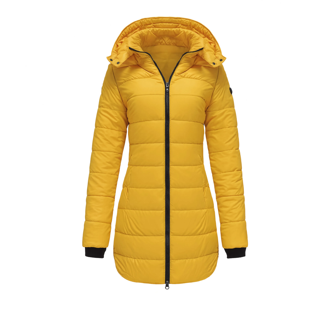 Parka femme longue à capuche La Vermeille jaune sur fond blanc