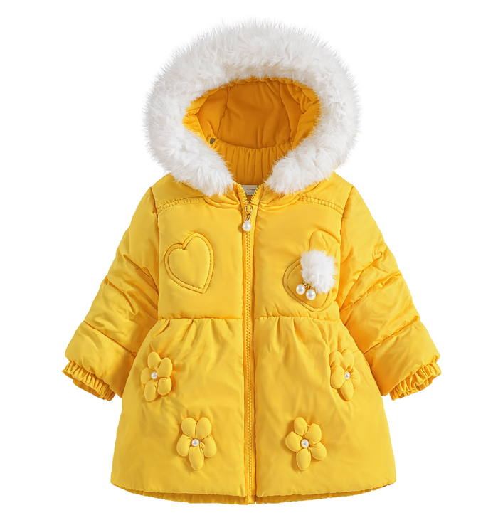 Parka fille jaune matelassée à capuche, vue produit sur fond blanc