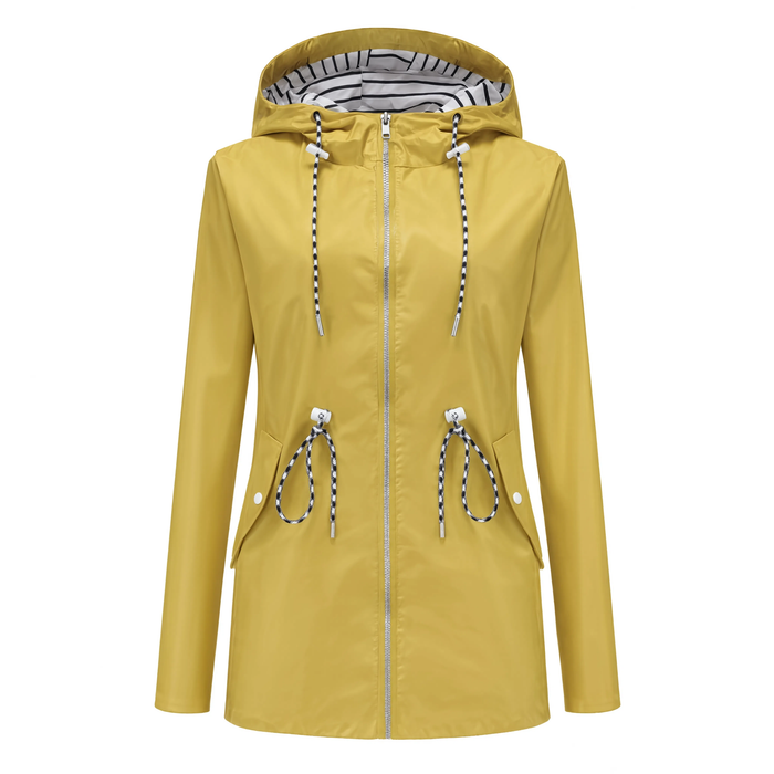 Parka de pluie femme jaune à capuche, vue produit sur fond blanc