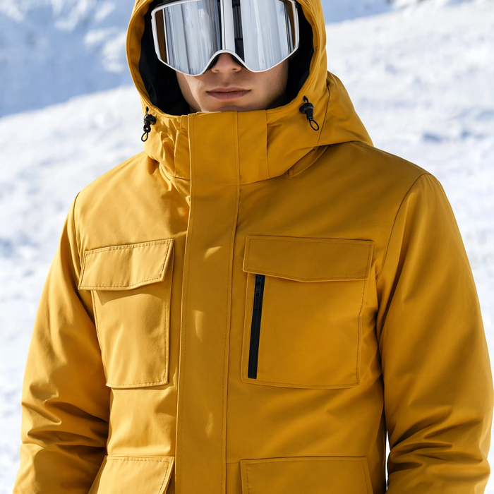 Gros plan sur le col et la capuche de la veste de ski jaune