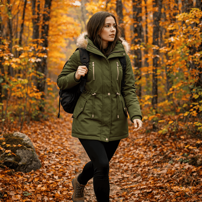 Parka femme kaki à capuche fourrée portée en forêt à l'automne