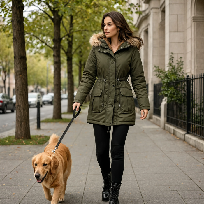Parka femme mi-longue verte à capuche fourrée portée en ville l'hiver