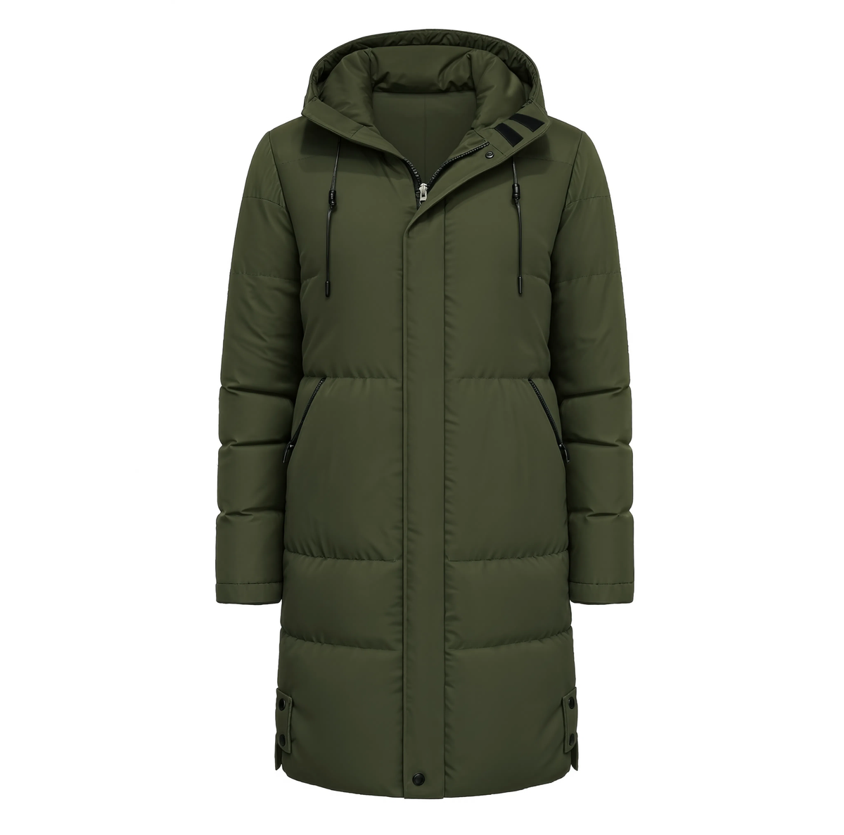 Parka longue homme kaki à effet matelassé, vue produit sur fond blanc