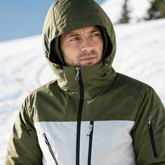 Gros plan sur le col et la capuche de la veste de ski kaki et blanche