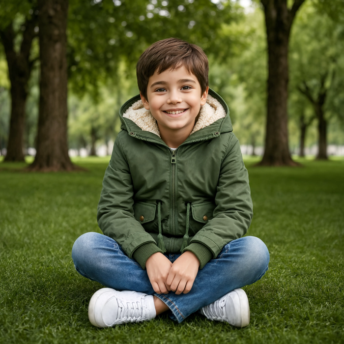 Parka enfant longue kaki portée dans un parc en hiver