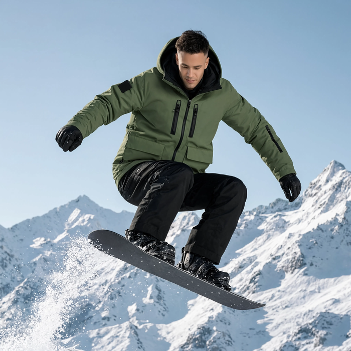 Veste de ski homme kaki portée sur les pistes enneigées