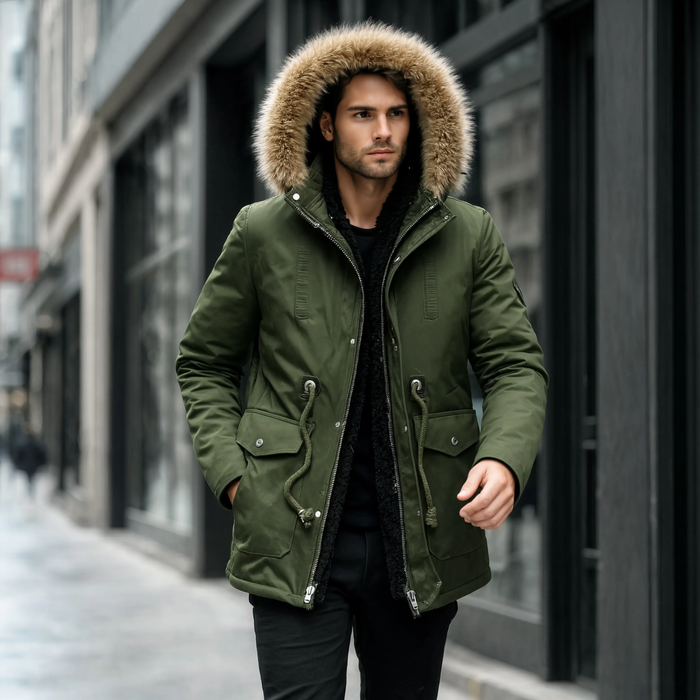 Parka homme kaki à capuche fourrée portée en ville l'hiver