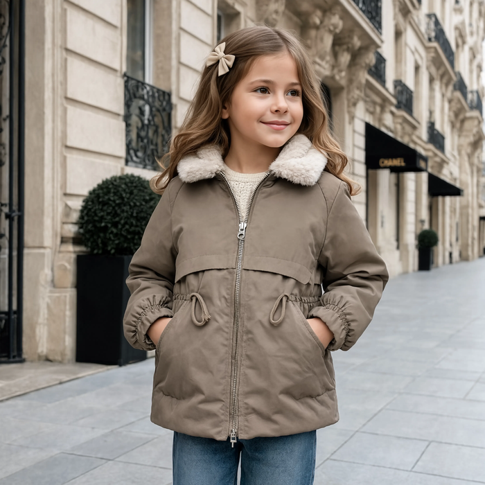 Parka fille beige à col fourré portée en extérieur l'hiver