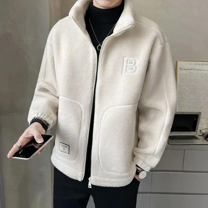 Veste homme polaire sherpa zippée blanc cassé, col montant et poches plaquées | Le Mouton Blanc