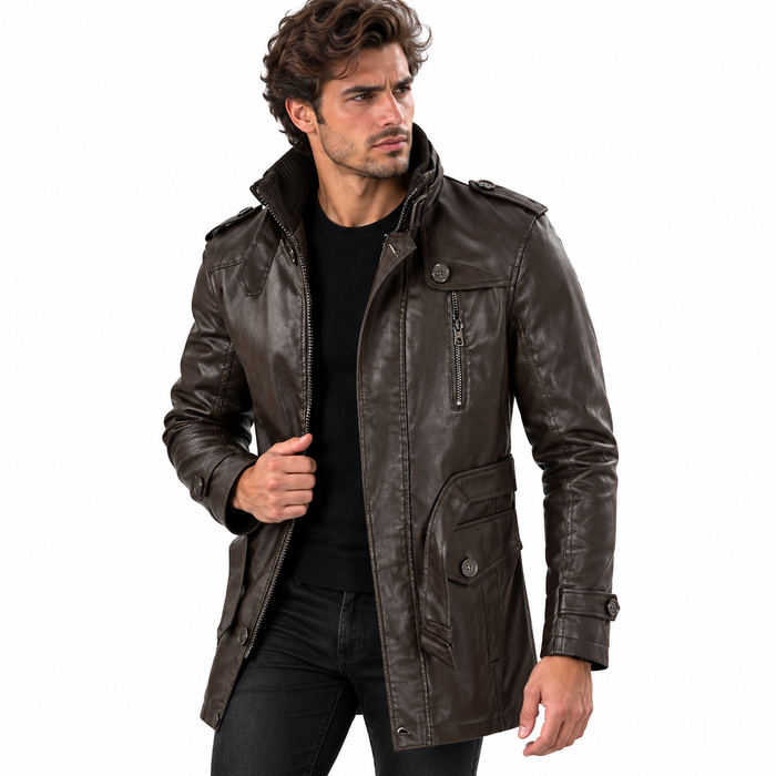 Veste longue homme effet cuir à épaulettes, col montant | Le Cavalier