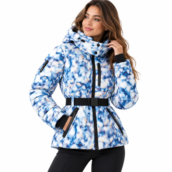 Veste de ski femme brillante ceinturée, capuche ajustée | La Skieuse