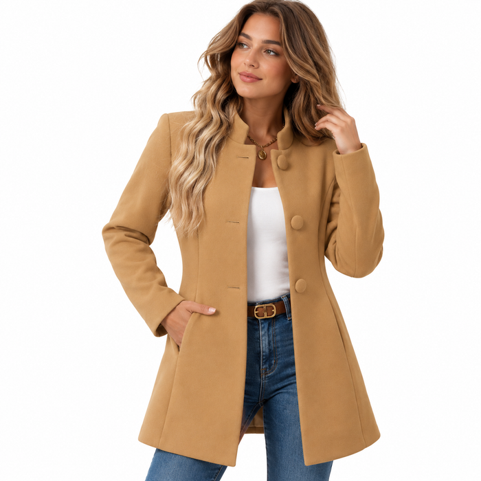 Veste femme longue col montant boutonnée, coupe structurée | La Structurée