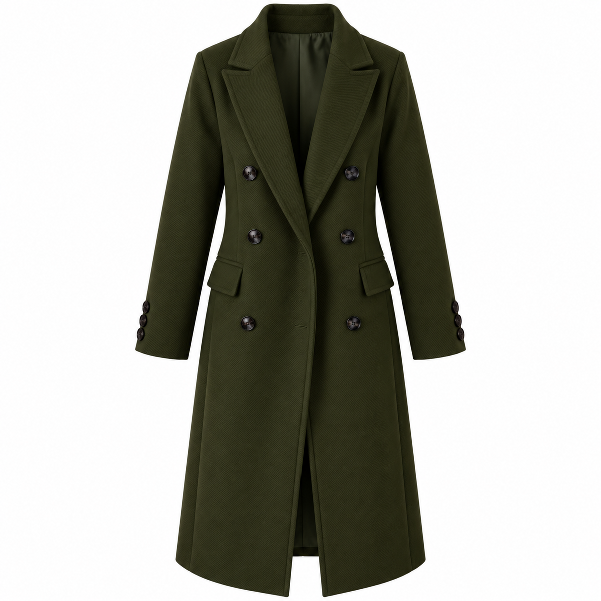 Trench femme vert militaire à double boutonnage et poches à rabat, vue de face