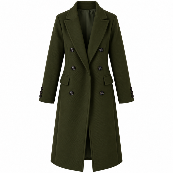 Trench femme vert militaire à double boutonnage et poches à rabat, vue de face