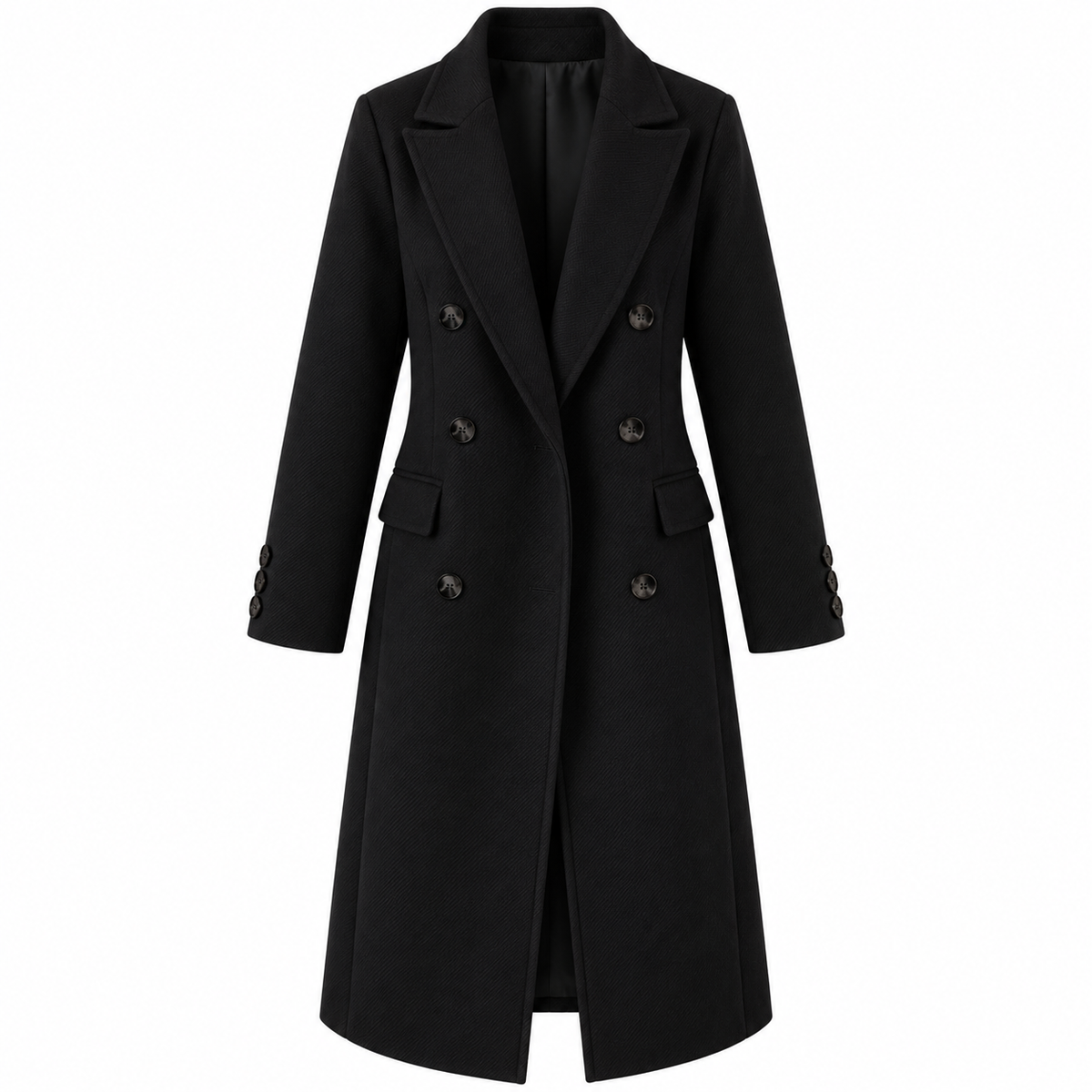 Trench femme noir à double boutonnage et poches à rabat, vue de face