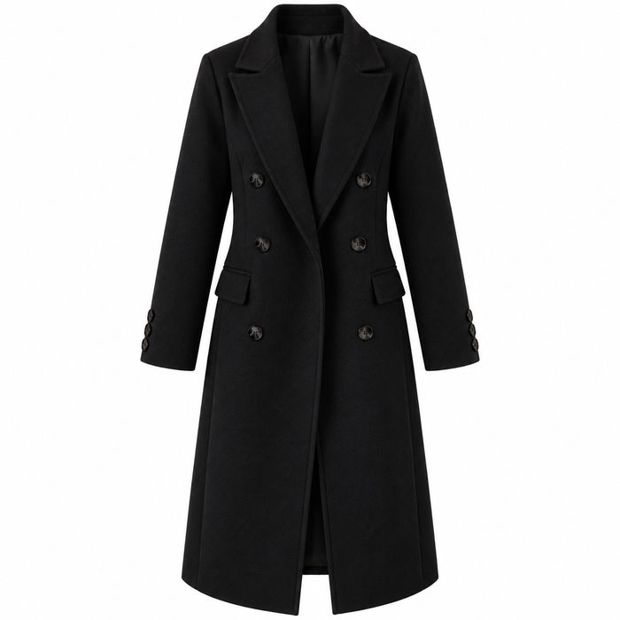 Trench femme noir à double boutonnage et poches à rabat, vue de face