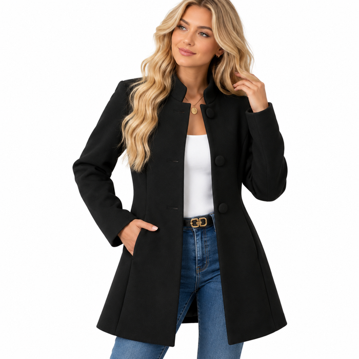 Veste femme longue col montant boutonnée, coupe structurée | La Structurée