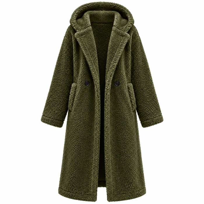 Manteau femme long en peluche à capuche, coupe ample | La Peluche Bleue