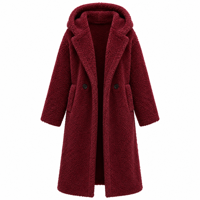 Manteau femme long en peluche à capuche, coupe ample | La Peluche Bleue