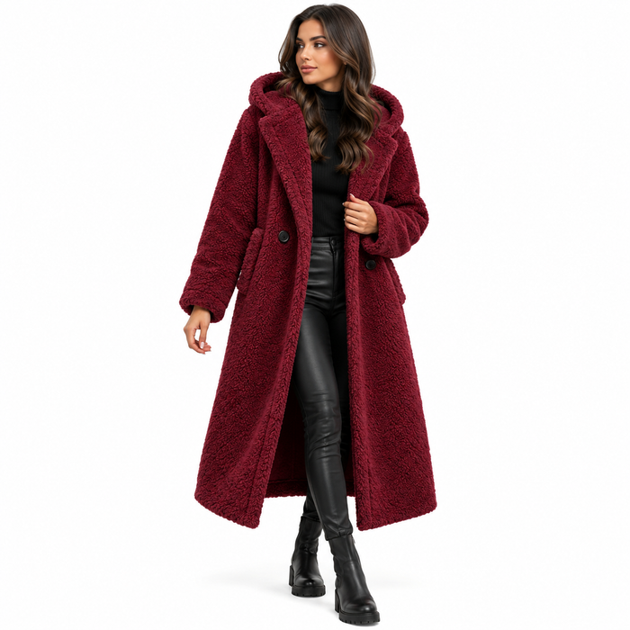 Manteau femme long en peluche à capuche, coupe ample | La Peluche Bleue