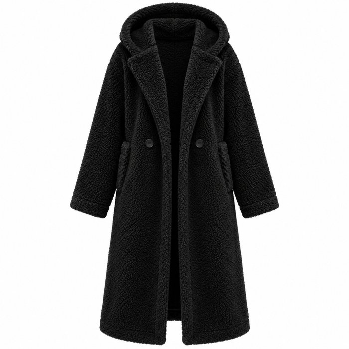 Manteau femme long en peluche à capuche, coupe ample | La Peluche Bleue