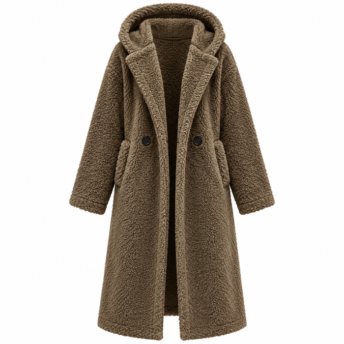Manteau femme long en peluche à capuche, coupe ample | La Peluche Bleue