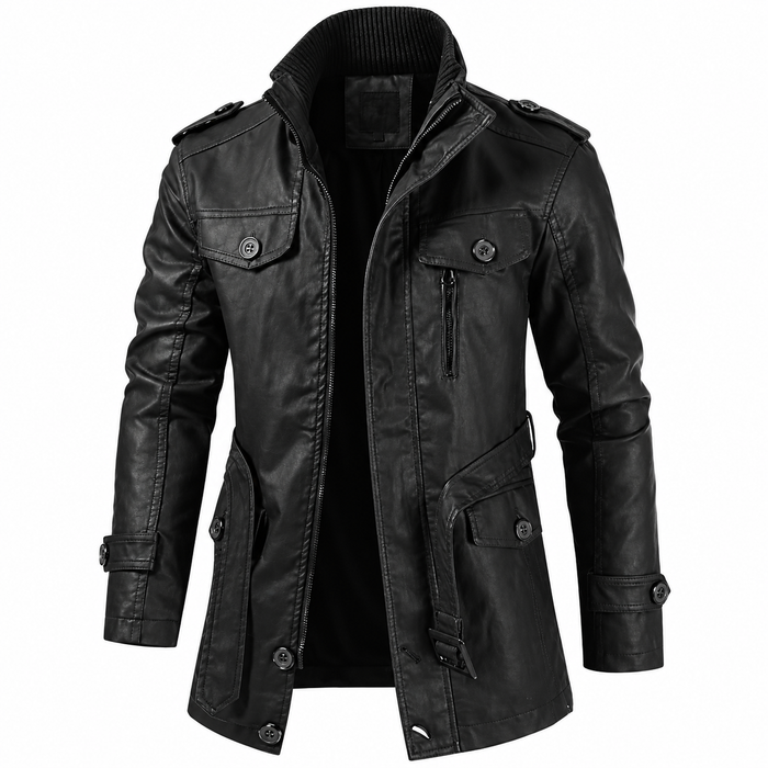 Veste longue homme effet cuir à épaulettes, col montant | Le Cavalier