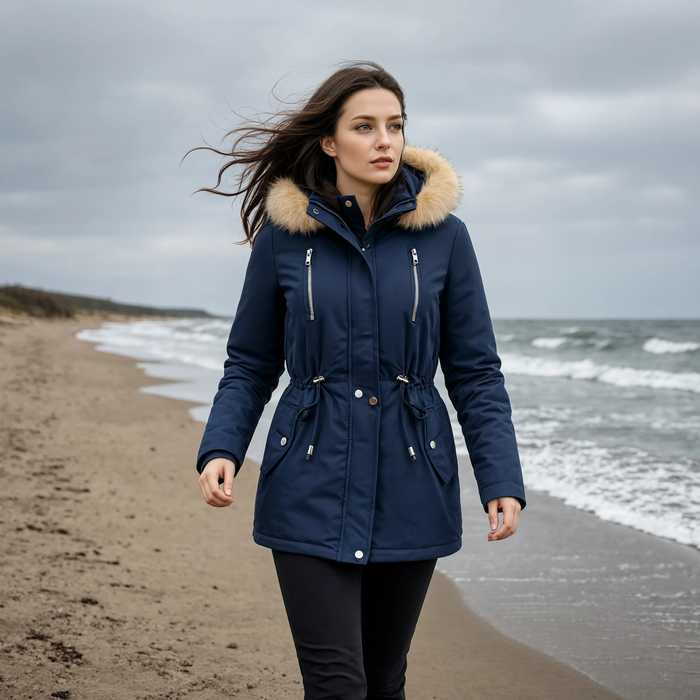 Parka femme bleu marine à capuche fourrée portée au bord de mer l'hiver