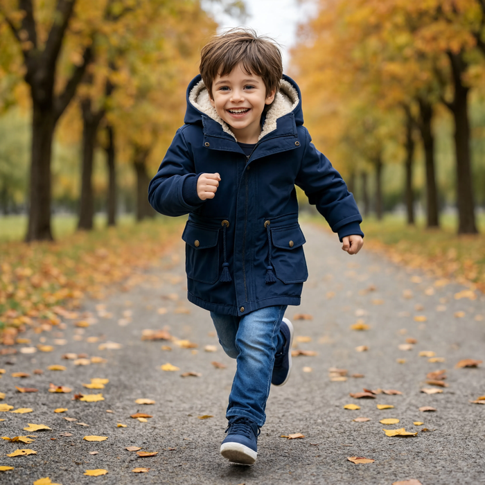 Parka enfant longue bleu marine portée dans un parc en hiver