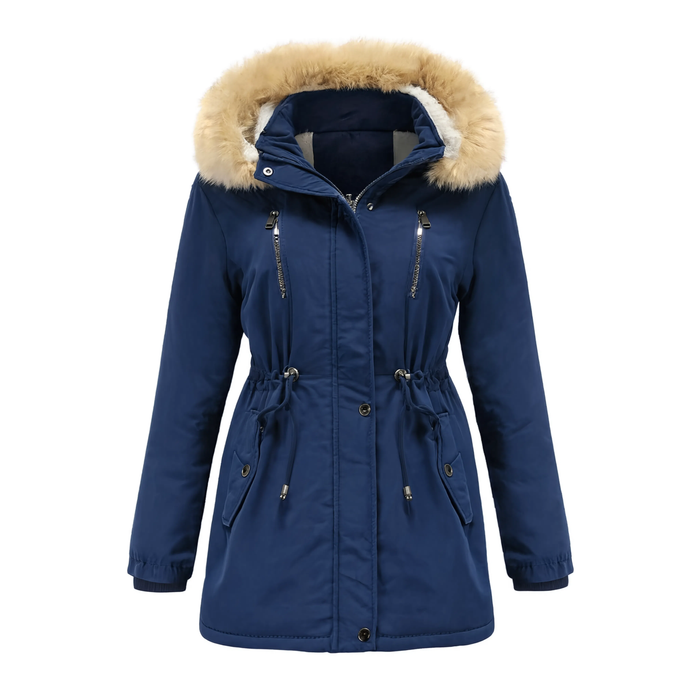 Parka femme bleu marine à capuche amovible fourrée, vue produit sur fond blanc