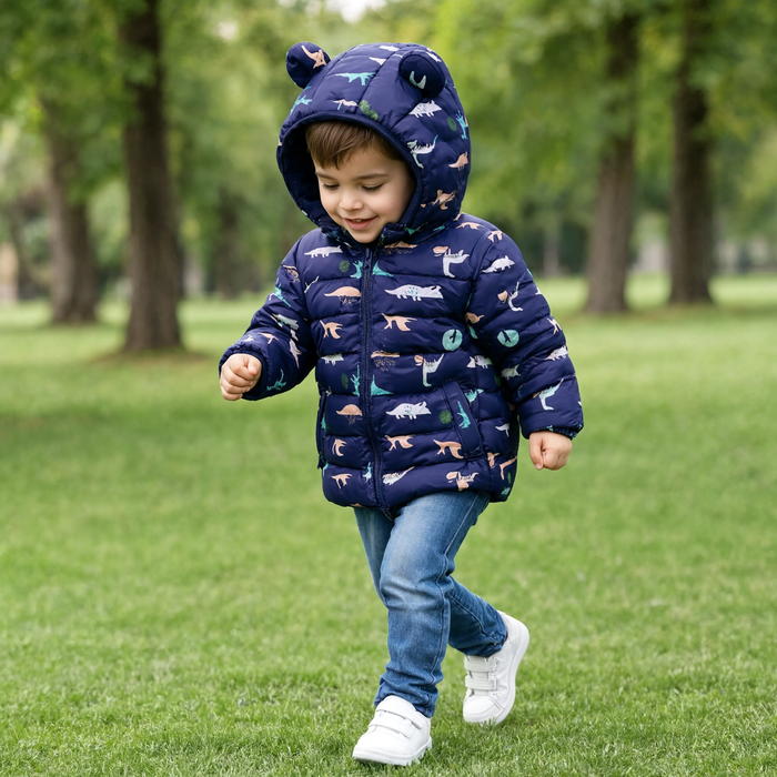 Parka enfant bleu marine motif dinosaure portée dans un parc
