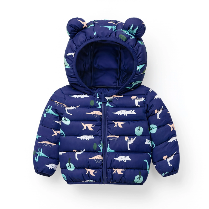 Parka enfant bleu marine motif dinosaure, vue produit sur fond blanc