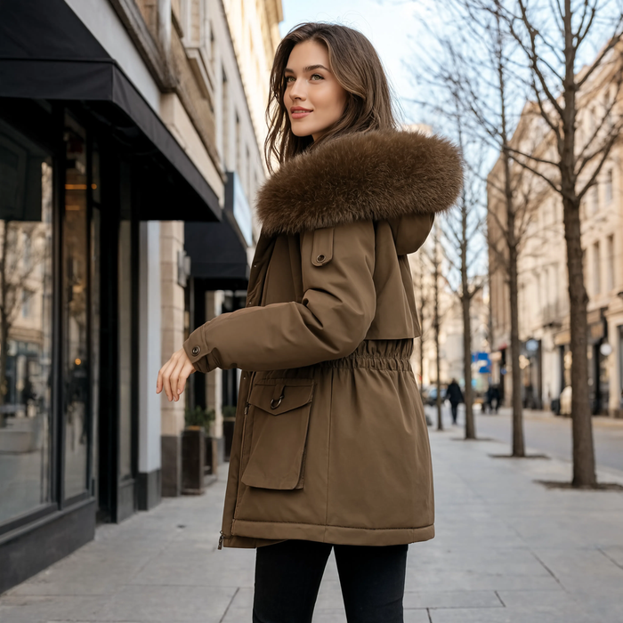 Parka femme matelassée L'Écrin marron portée en ville, taille resserrée par le cordon
