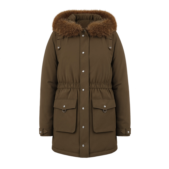 Parka femme L'Écrin marron sur fond blanc, capuche fausse fourrure et poches à rabat