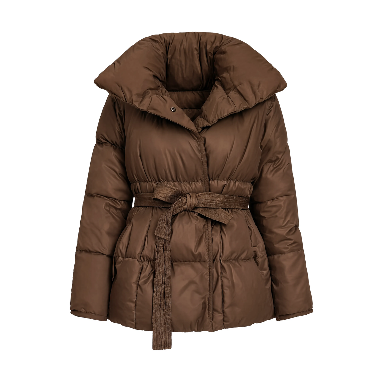 Doudoune femme courte marron à grand col montant et ceinture à nouer
