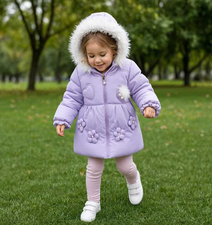 Parka fille violette à capuche portée dans un parc en hiver