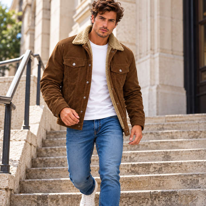 Veste homme velours côtelé doublée sherpa, col peluche | Le Velours Sherpa