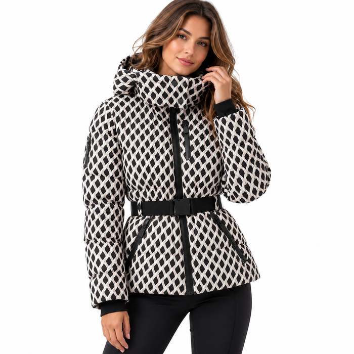 Veste de ski femme brillante ceinturée, capuche ajustée | La Skieuse
