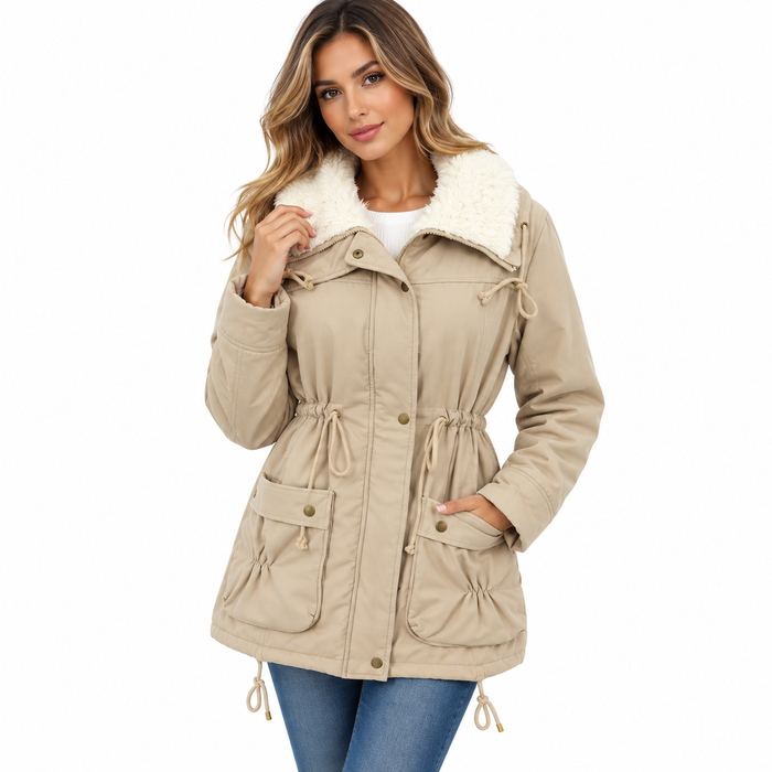 Parka femme doublée à grand col fausse fourrure, taille ajustable | La Trappeuse
