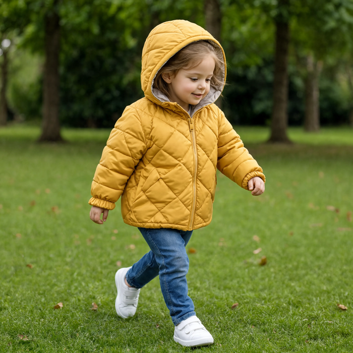 Parka enfant jaune moutarde à capuche portée dans un parc en hiver
