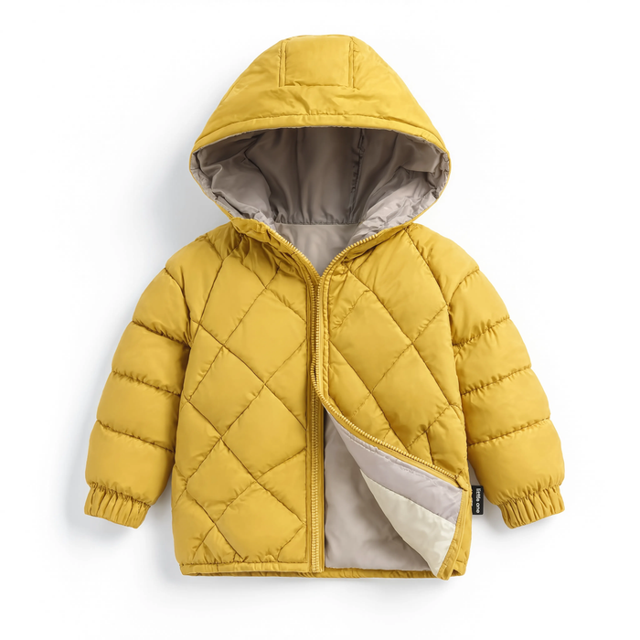 Parka enfant jaune moutarde rembourrée coton, vue produit sur fond blanc